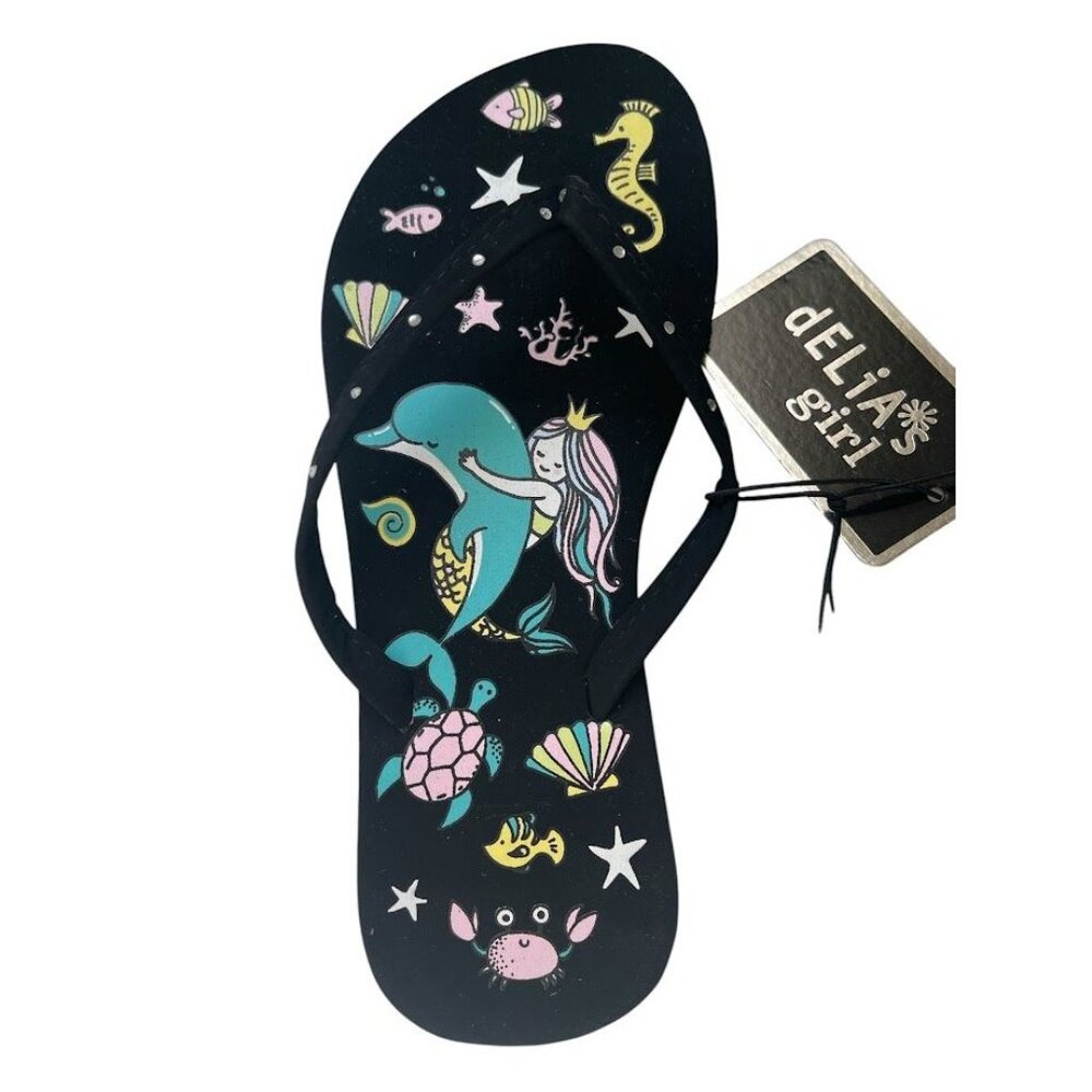 dELiA*'s Girl Rhinestone Flip Flops - Black - Mermaid Under the Sea Pattern (2/3